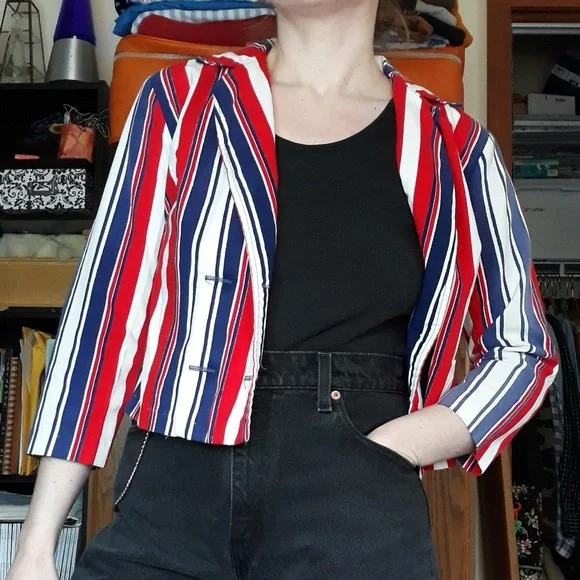 70s Handmade USA Red White & Blue Striped Blazer Jacket America Patriotic - Picture 5 of 15